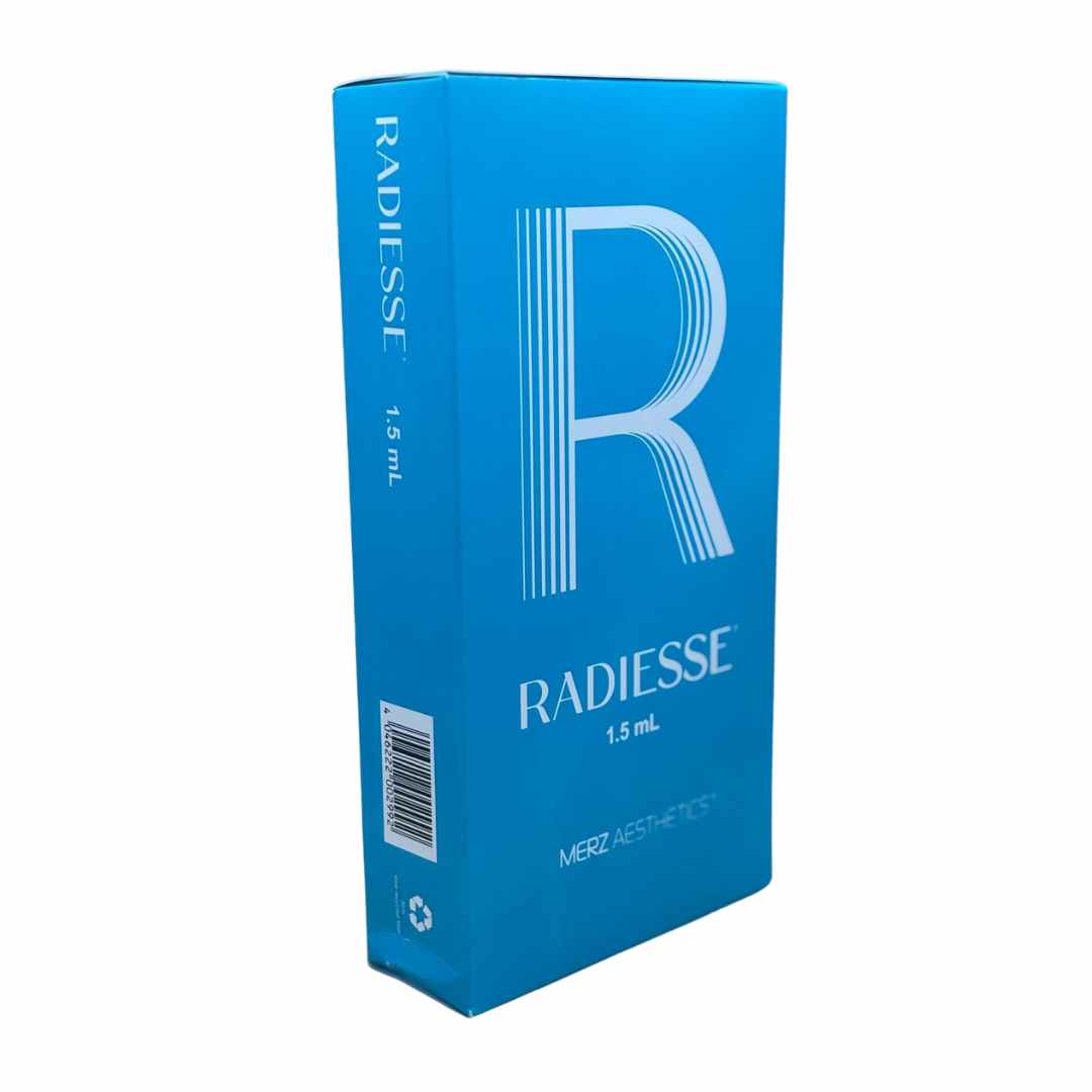 Producto Radiesse de 1.5 ml para tratamiento de flacidez facial y recuperación de volumen en pómulos.