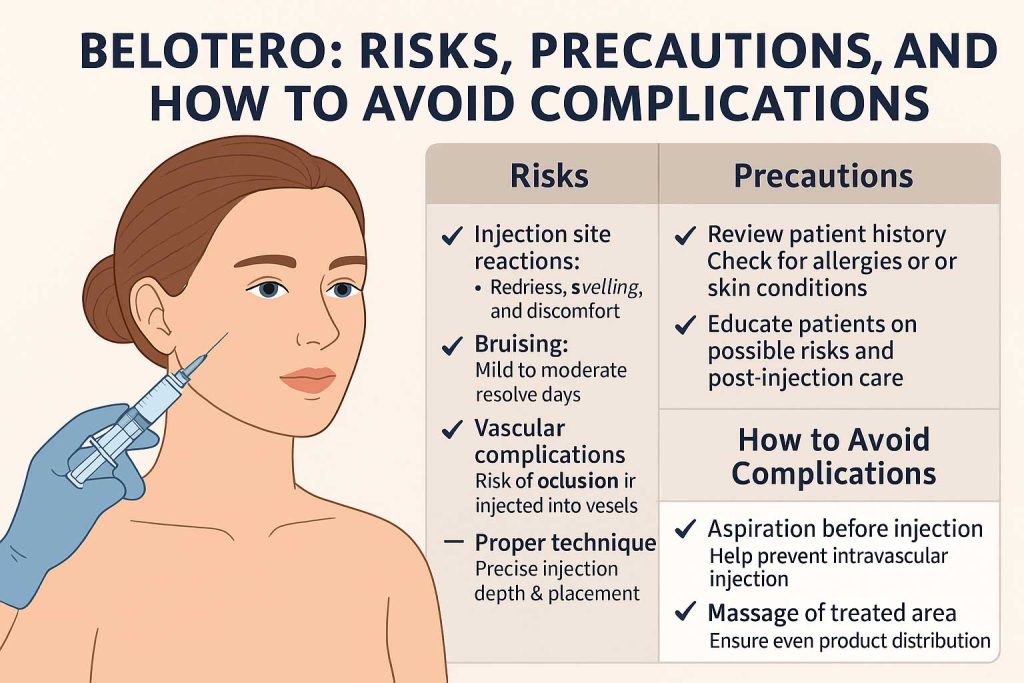 "Infographic explaining Belotero risks, possible complications, injection depths, and prevention strategies for aesthetic professionals"