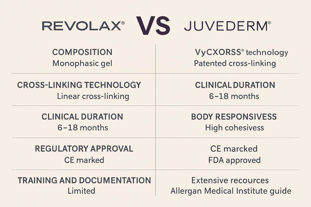 Technical comparison chart of Revolax and Juvederm dermal fillers for medical professionals.