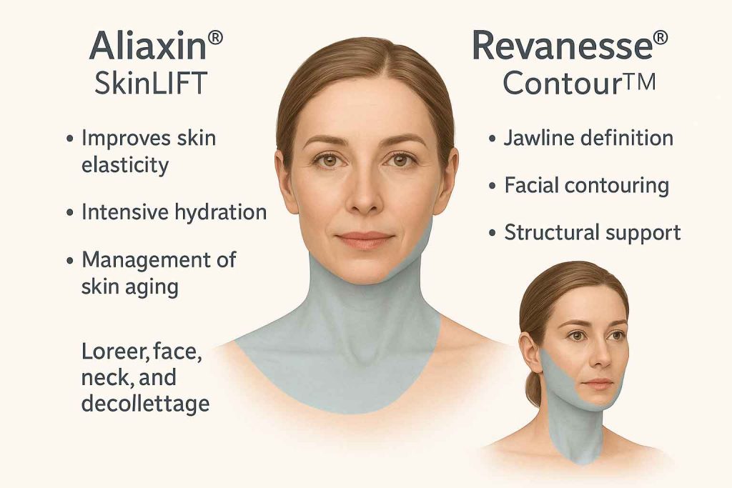 Technical infographic comparing Ellansé and Sculptra fillers.