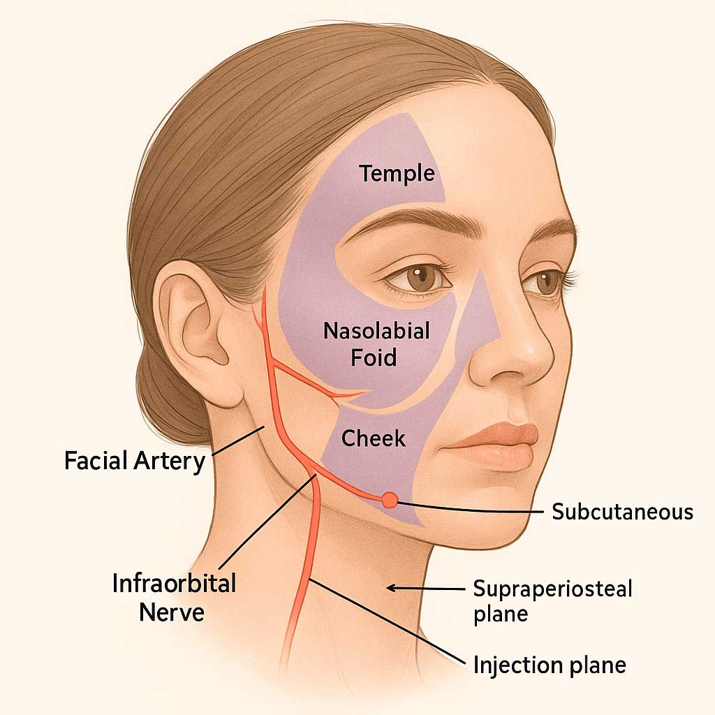 facial anatomy illustration showing injection planes, facial artery, and infraorbital nerve
