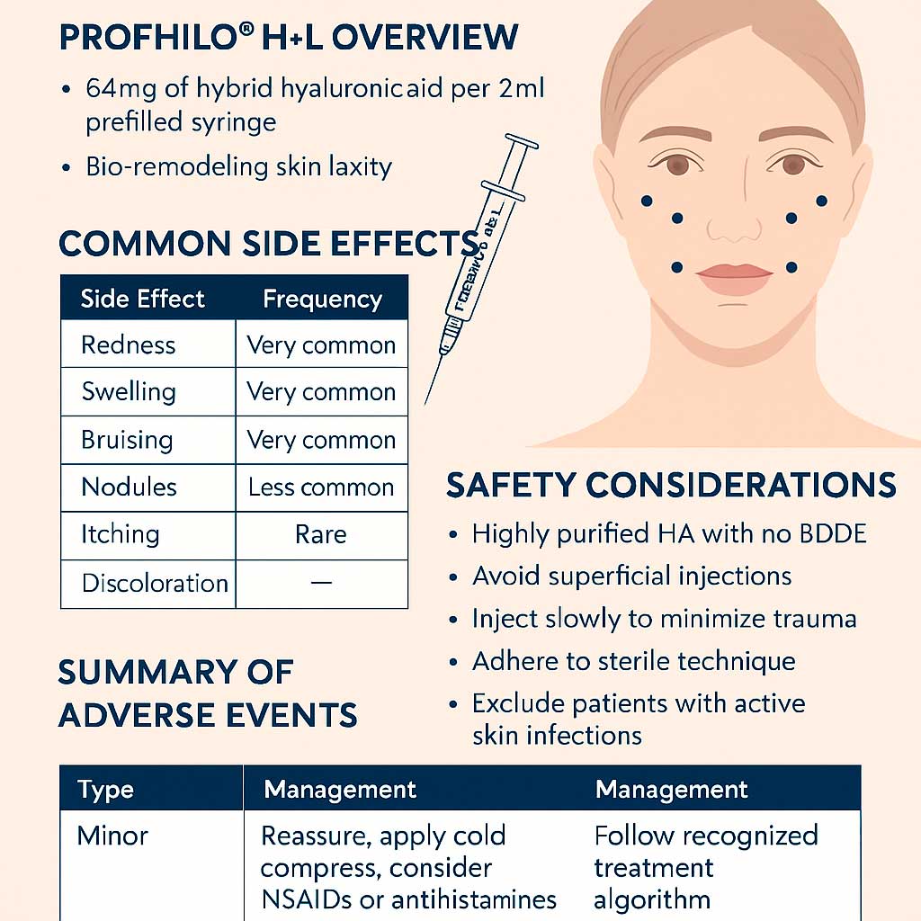 Clinical infographic explaining Profhilo H+L side effects, injection protocol, and risk management
