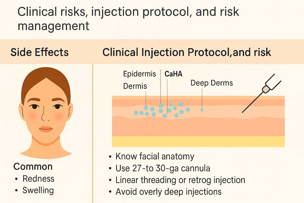 Clinical infographic showing Radiesse 1.5 ml side effects, injection depth, and risk management