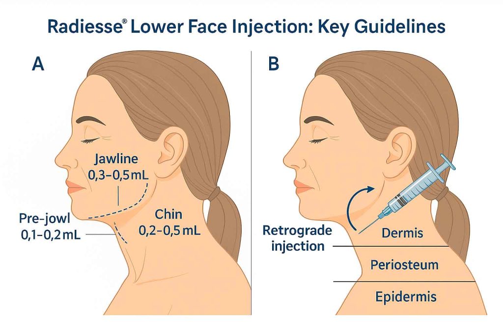 natomical illustration of the lower face showing safe Radiesse injection zones