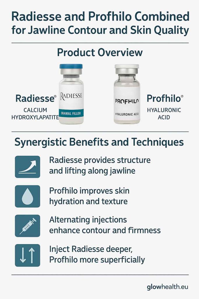 Infographic comparing Radiesse and Profhilo for jawline contouring and dermal biostimulation.