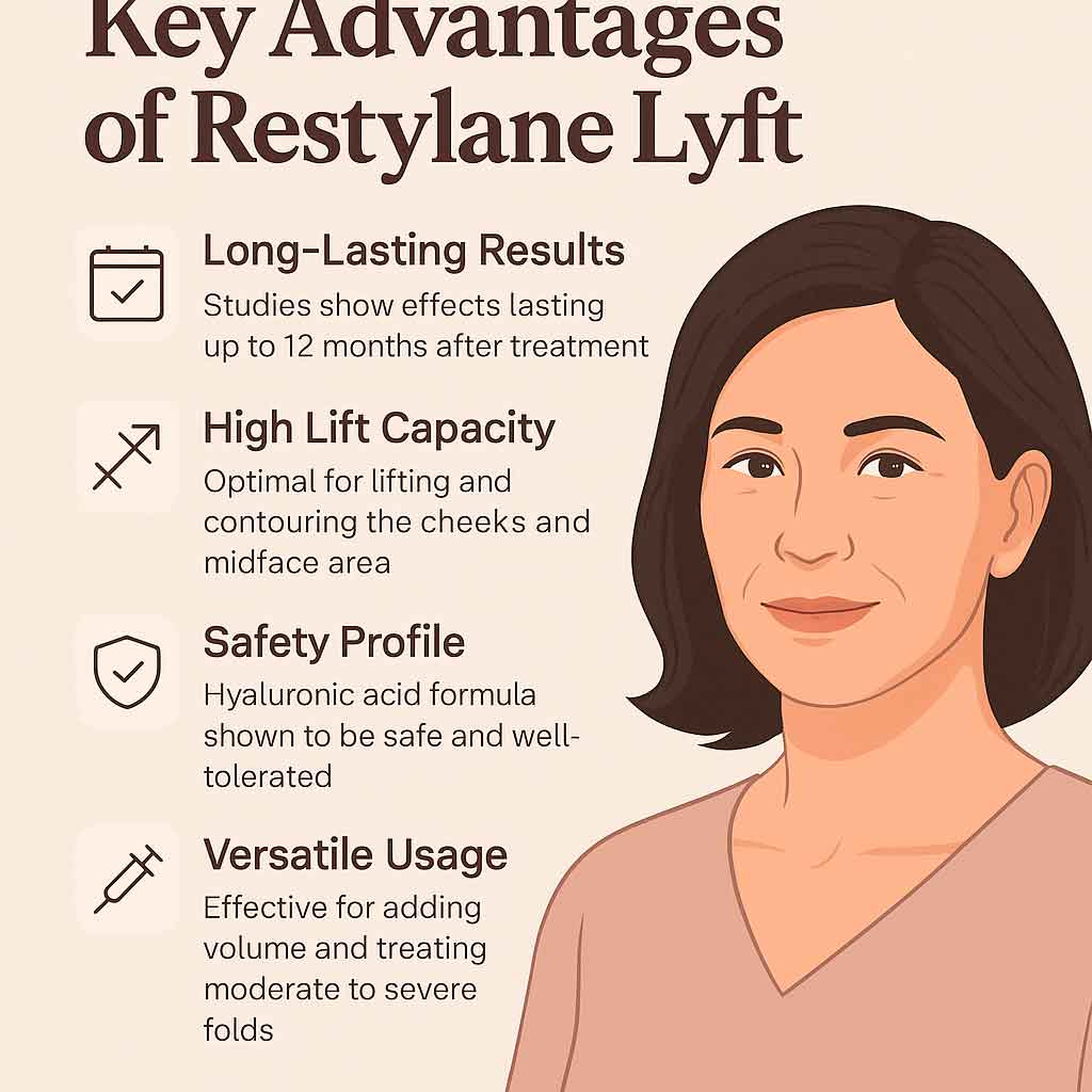 Professional infographic showing the benefits of Restylane Lyft for facial lifting