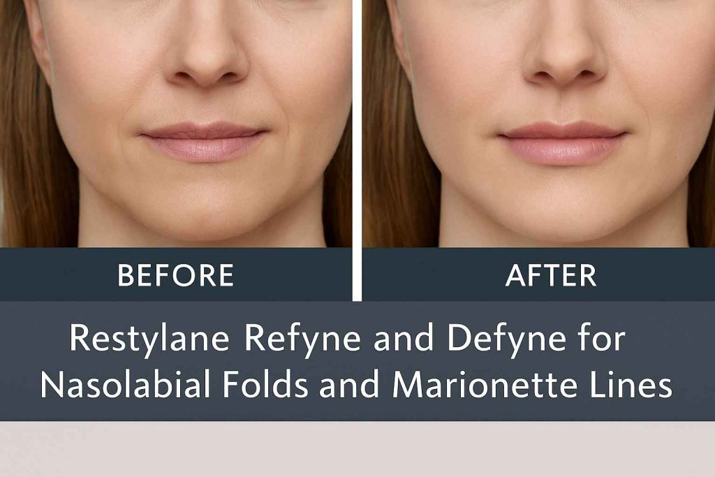Horizontal infographic summarizing Restylane Refyne and Defyne indications, duration, and injection tips for aesthetic practitioners