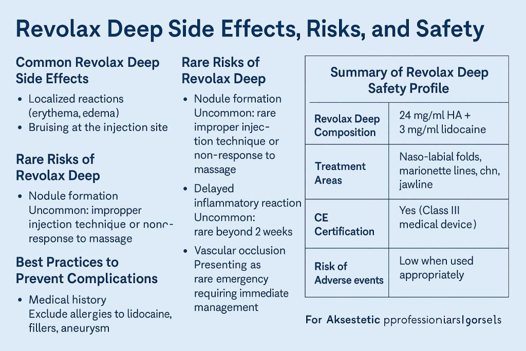 Technical infographic showing clinical uses and injection protocols for Revolax Sub-Q dermal filler