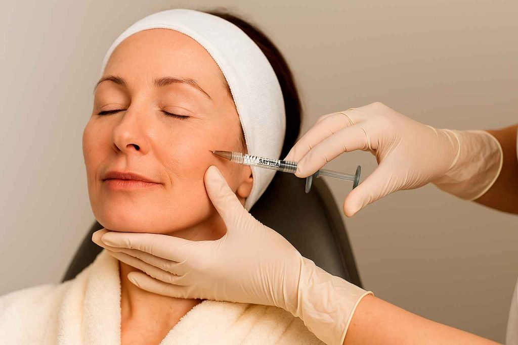 Cosmetic doctor applying Saypha Volume dermal filler to a patient’s midface in a clinical setting