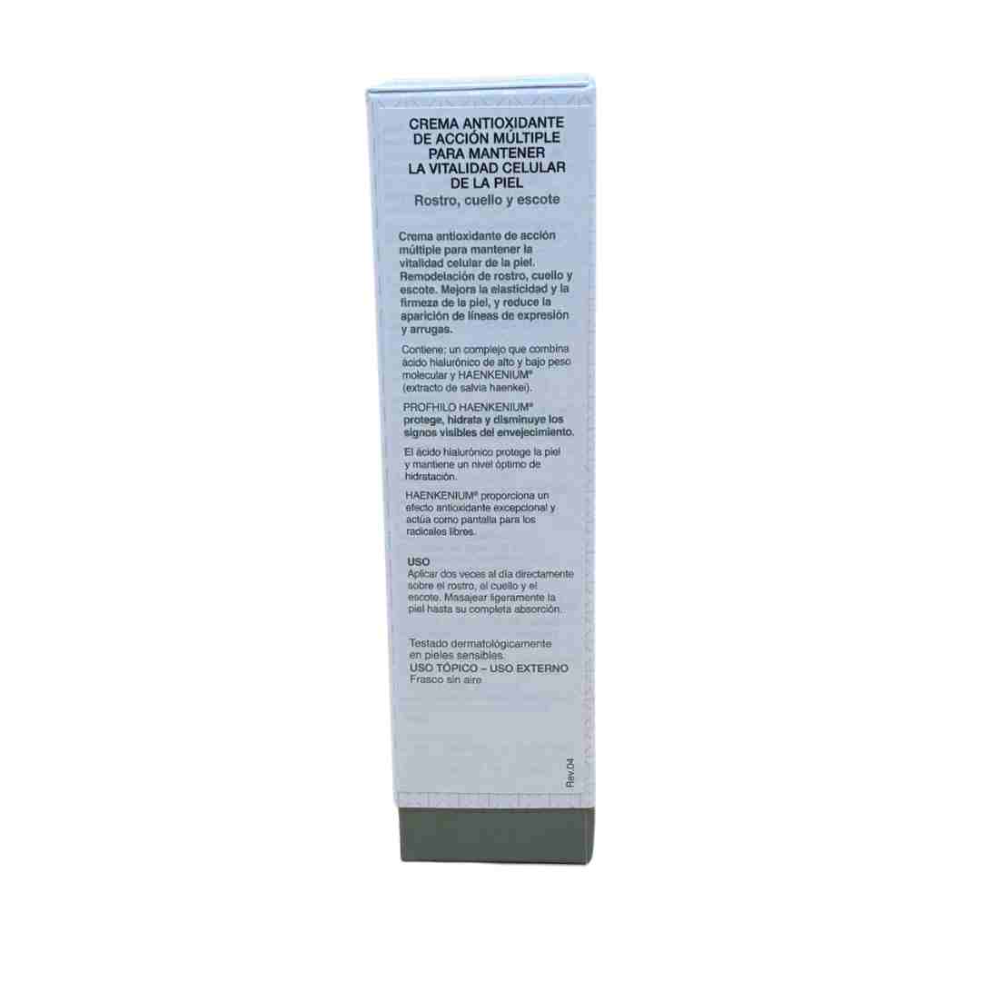 Instrucciones de uso y beneficios de la crema Profhilo Haenkenium para rostro, cuello y escote.